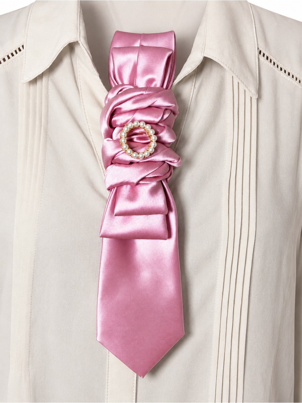 One-of-a-Kind Upcycled Pink Necktie Necklace Pearl Brooch Gold Tone Necklace